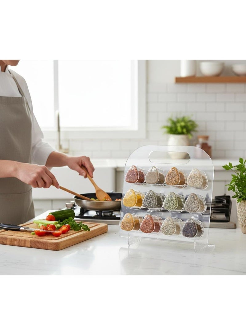 Spaceshoop Modern 12 Jar Clear Acrylic Spice Rack Organizer Portable Standing Countertop Holder with Triangular Glass Jars and Integrated Carry Handle - Image 2